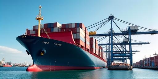 Container ship at a busy port